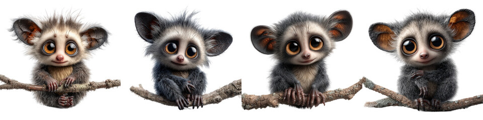 Obraz premium Cute Cartoon Gibbons on Branches with Bright Eyes and Soft Fur