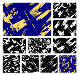 Vector set of 10 abstract energetic textures. Dynamic blue, yellow, black, and white grunge patterns with sharp strokes and fragmented shapes for modern designs.