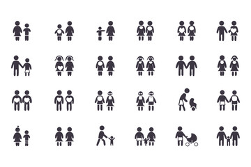 Family and Relationship Icon Set. Black Silhouette Vector Glyphs of Couples, Parents, Children, Elderly, Pregnancy, Single Moms and Social Care. Vector Illustration