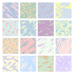 Vector set of 16 abstract pastel patterns. Retro 80s-90s style backgrounds with colorful, angular shapes and terrazzo-like textures for modern designs.