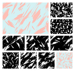 Vector set of 10 abstract brush stroke textures. Energetic peach, pink, light blue, black, and white painted patterns for modern, dynamic designs.