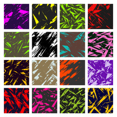 Vector set of 16 abstract vibrant patterns. Retro 80s-90s style backgrounds with energetic, neon-like angular shapes and grunge textures for edgy designs.