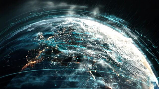 A weather prediction system featuring a big modern globe with statistics and data, network projections on a layered pattern, glowing representation, science and technology