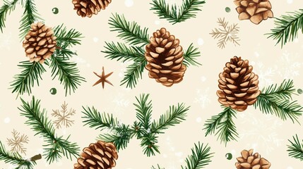 Fototapeta premium A repeating pattern of Christmas tree leaves with pinecones, garlands, and snowflakes, arranged for seamless tiling