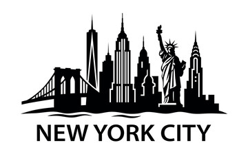 Fototapeta premium Iconic NYC skyline in black silhouette featuring Liberty Statue and major landmarks