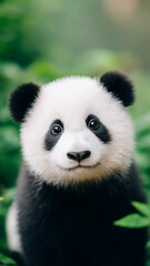 Fototapeta premium Close-up of panda with bright eyes and fluffy fur in natural green environment
