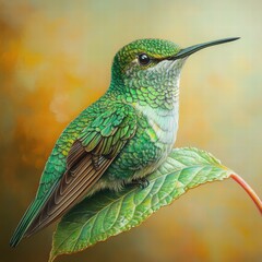 Fototapeta premium Vibrant Hummingbird Perched on Leaf with Colorful Background