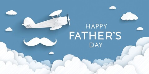 Happy Father's Day Card Template: Flying Airplane with Clouds in a Festive Blue Sky