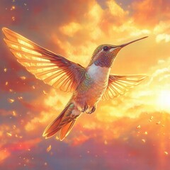 Obraz premium Vibrant Hummingbird in Flight Against Colorful Sunset Sky