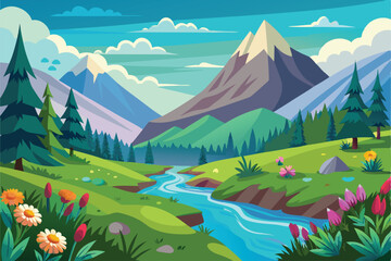 Naklejka premium beautiful mountain landscape with flowing river, green hills, wildflowers and forest scenery in spring