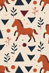 Seamless Pattern with Stylized Horses Geometric Shapes and Botanical Elements