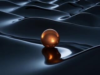 Abstract 3D Render of a Golden Sphere on Dark Wavy Surface