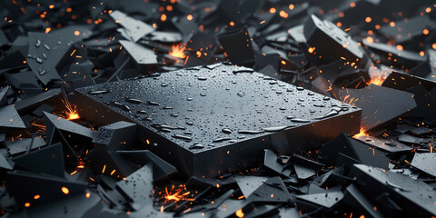 Wet Black Cube Amidst Shattered Fragments and Sparks