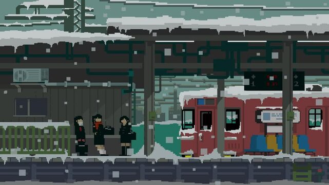 Video pixel art of a snowy train station with three people waiting and a red train stopped at the platform. Snow gently falls over the wintery, atmospheric scene. Lofi background.  Japan style