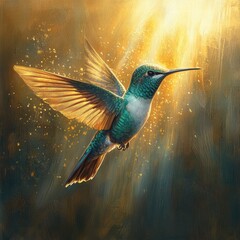 Colorful Hummingbird Against a Glowing Gold Background