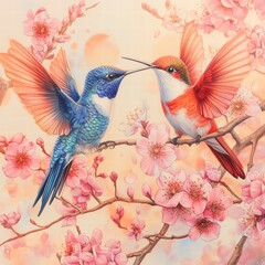 Colorful Hummingbirds Interacting Among Cherry Blossom Branches