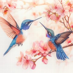 Colorful Hummingbirds Among Cherry Blossoms in Springtime Beauty