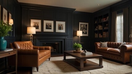 Fototapeta premium Luxurious dark room with leather furniture