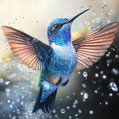 Vibrant Hummingbird in Mid-Flight Surrounded by Sparkling Water