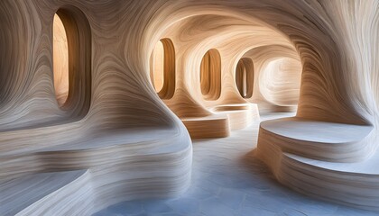 Intricate wooden architectural design with flowing forms.