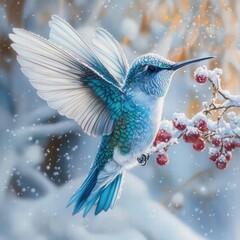 Colorful Hummingbird in Winter Setting Surrounded by Snow and Berries
