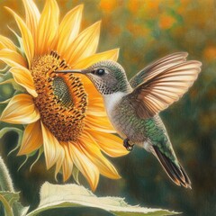 Hummingbird Feeding on Vibrant Sunflower in Nature's Splendor