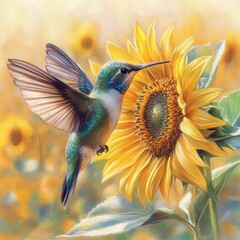 Hummingbird Feeding on Sunflower in Soft Natural Light