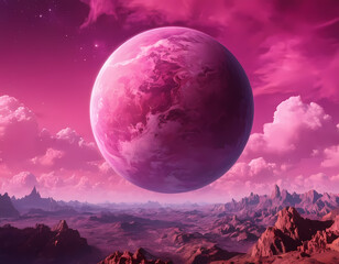 a beautiful cosmic landscape with a pink planet in pink clouds.. Pink puppet style, in outer space, pink doll fantasy universe