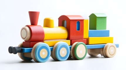 A colorful wooden toy train with red yellow blue and green blocks on a white background studio shot