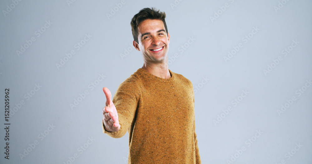 Poster happy man, portrait and studio with handshake for greeting or introduction on a white background. ma
