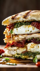 A close-up of a grilled sandwich filled with mozzarella cheese, sun-dried tomatoes, and pesto. The sandwich is stacked and garnished with fresh herbs.