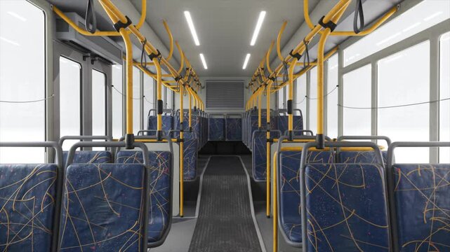 Modern city bus interior revealing spacious design with yellow handrails and blue passenger seats, showcasing clean urban transportation perspectives from multiple angles