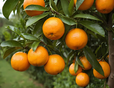 Bunch of fresh ripe oranges hanging on a tree in orange garden, fresh oranges on tree  - Powered by Adobe