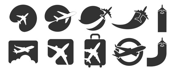Airplane Travel Logo Icon Set. Modern Flight, Pin, Globe and Route Symbols on Transparent Background.
