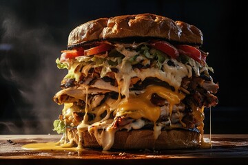 A large, stacked burger with melted cheese, lettuce, tomatoes, and grilled meat. The burger is juicy and dripping with sauce, set against a dark background.