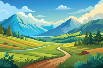 scenic mountain landscape illustration with lush greenery

