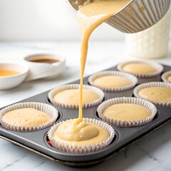  Cupcake batter pouring with splash into cupcake liners on tray, baking scene, white background