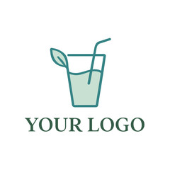Minimalist Herbal Drink Logo – Fresh Juice or Organic Beverage Icon with Leaf and Straw