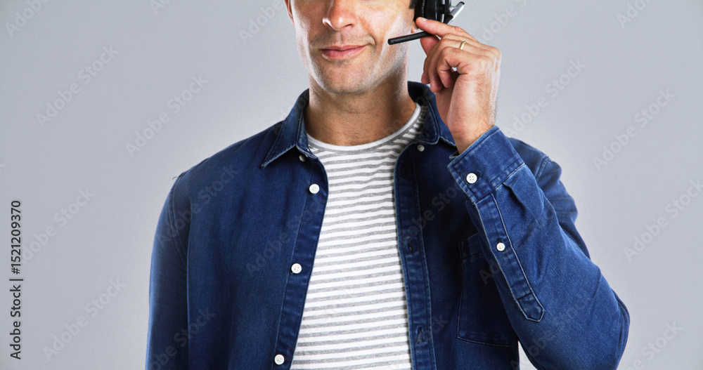Aufkleber mic, mouth and man with call center in studio for communication agent, contact us and crm. hand, hel