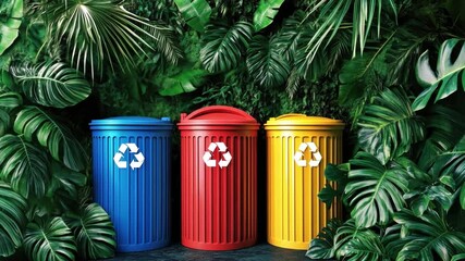 Colorful Recycling Bins with Lush Greenery: Three vibrant recycling bins, each in a distinct color, stand before a backdrop of dense, verdant foliage. - Powered by Adobe