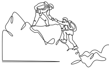 Continuous single one drawn line of the tourist character tourist with a backpack on a halt, Man woman climbs the mountains in one continuous line drawing. Traveler with backpack is hiking 