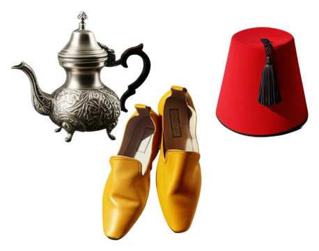 PNG Golden slippers a teapot and a red fez form a decorative collage.