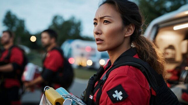 Emergency medical responder, life vest, EMS vehicle, uniform