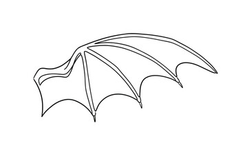 Dragon wing drawing. It is a bold black and white outline image of a single dragon wing, ideal for adding to a creature design. Vector sketch line art draw.