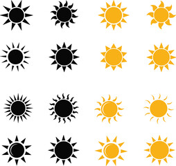 Set of 12 Sun Icons with Varying Ray Styles – Minimalist Weather Symbol Collection on White Background