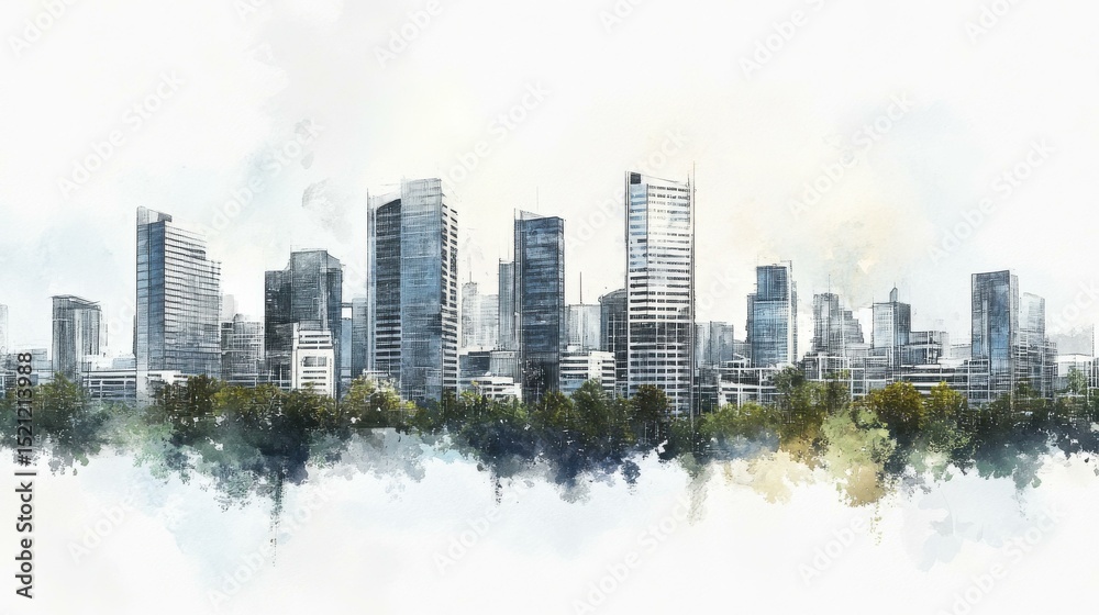 Poster stylized city skyline with skyscrapers and trees in urban setting