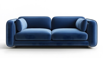 A front view of a stylish blue velvet sofa with rounded arms and back cushions on a white background