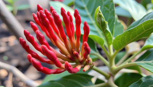 a close up of the devil's hand flower (chiranthodendron pentadactylon), taken with a 70 200mm telephoto lens
