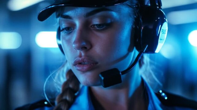 Emergency services dispatcher in blue-tinted lighting wearing headset and cap, close-up portrait showcasing determined expression and professional communication equipment. Police young woman attending