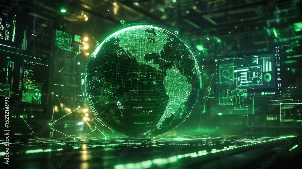 Aufkleber illuminated digital globe surrounded by data streams in control room